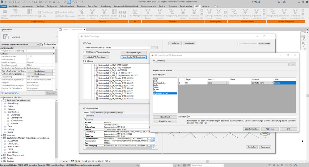 Dialog des in Revit integrierten IFC-Managers