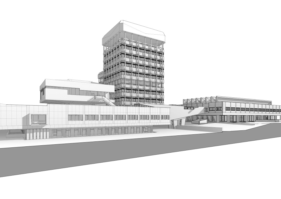 Rathaus Marl, Perspektiv, Blick vom Eduard-Weitsch-Weg in Richtung Rathaus
