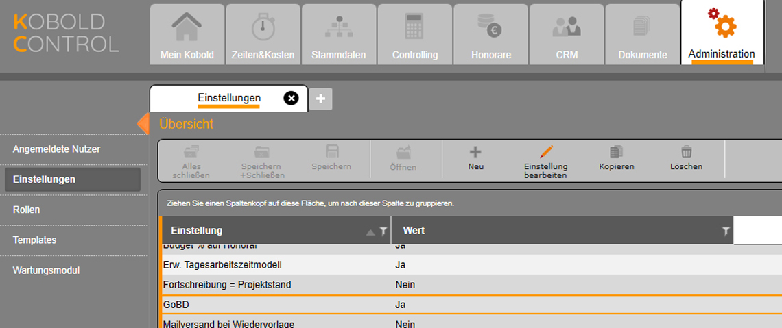 Registerkarte Einstellungen für die GoBD-konforme Rechnungsstellung