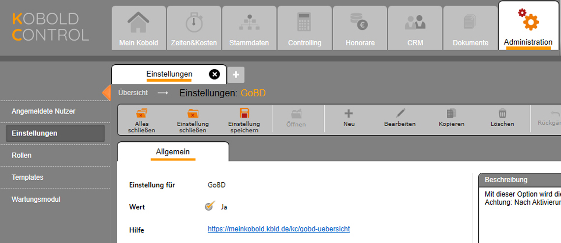 Aktivierung der GoBD-konformen Rechnungsstellung