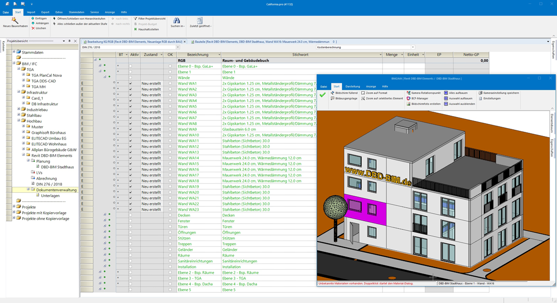 Das frisch importierte Modell, noch ohne Auswertung der DBD-BIM Elements