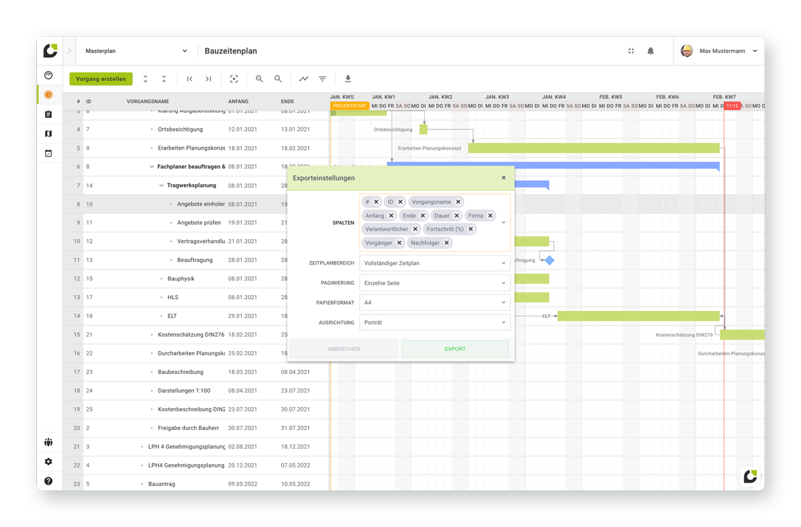 Exportfunktion Bauzeitenplan